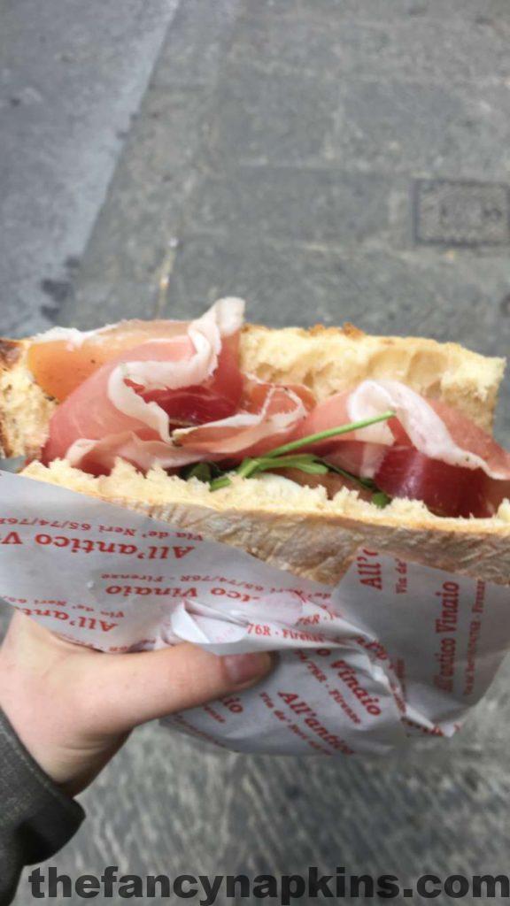 amazing prosciutto, mortadella and arugula sandwich in Florence, italy